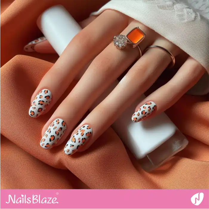 White Nails with Orange Leopard Spots | Animal Print Nails - NB2595